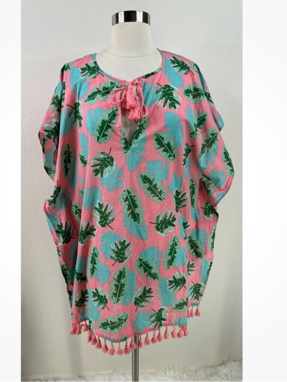J. Crew factory Re-imagined Pink Tropical Leaf Tassel Tunic Top